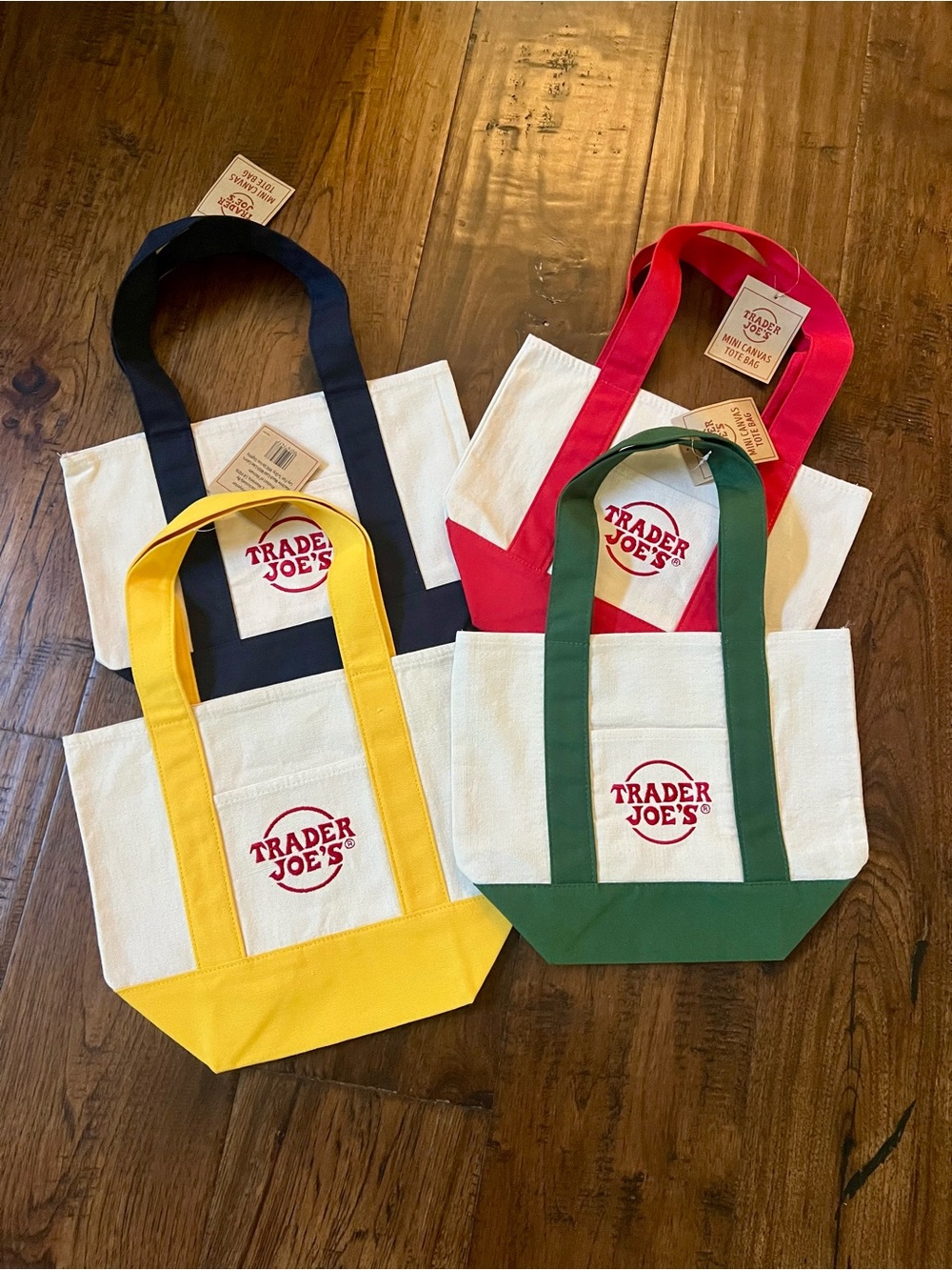 *NEW* Trader Joe’s Set of Four (4) Canvas Tote Bags — Green, Yellow, Red, Blue
